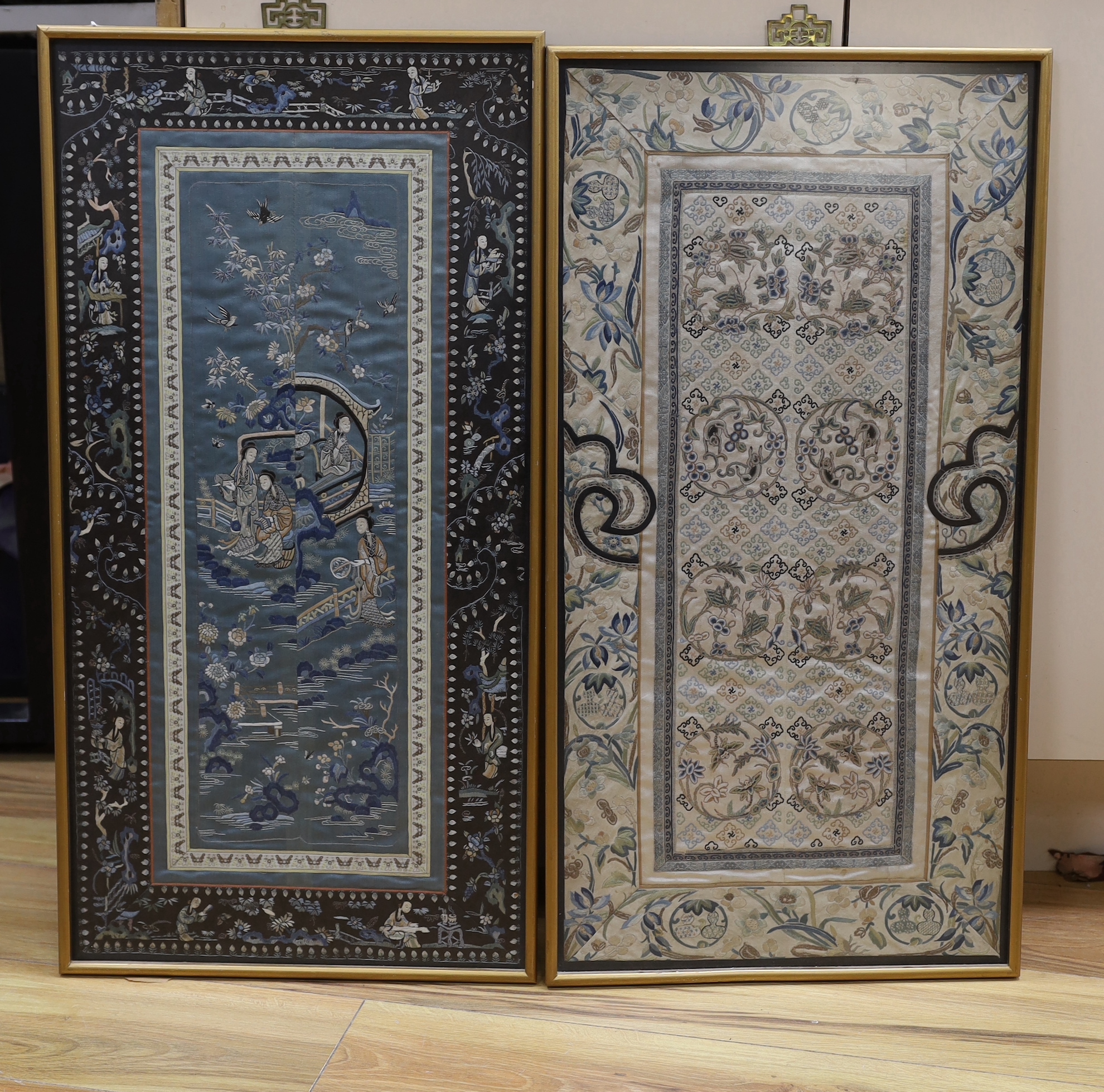 Three framed pairs of 19th century Chinese silk embroidered sleeve bands, two pairs worked in Chinese knot, largest 36cm wide, 72cm high